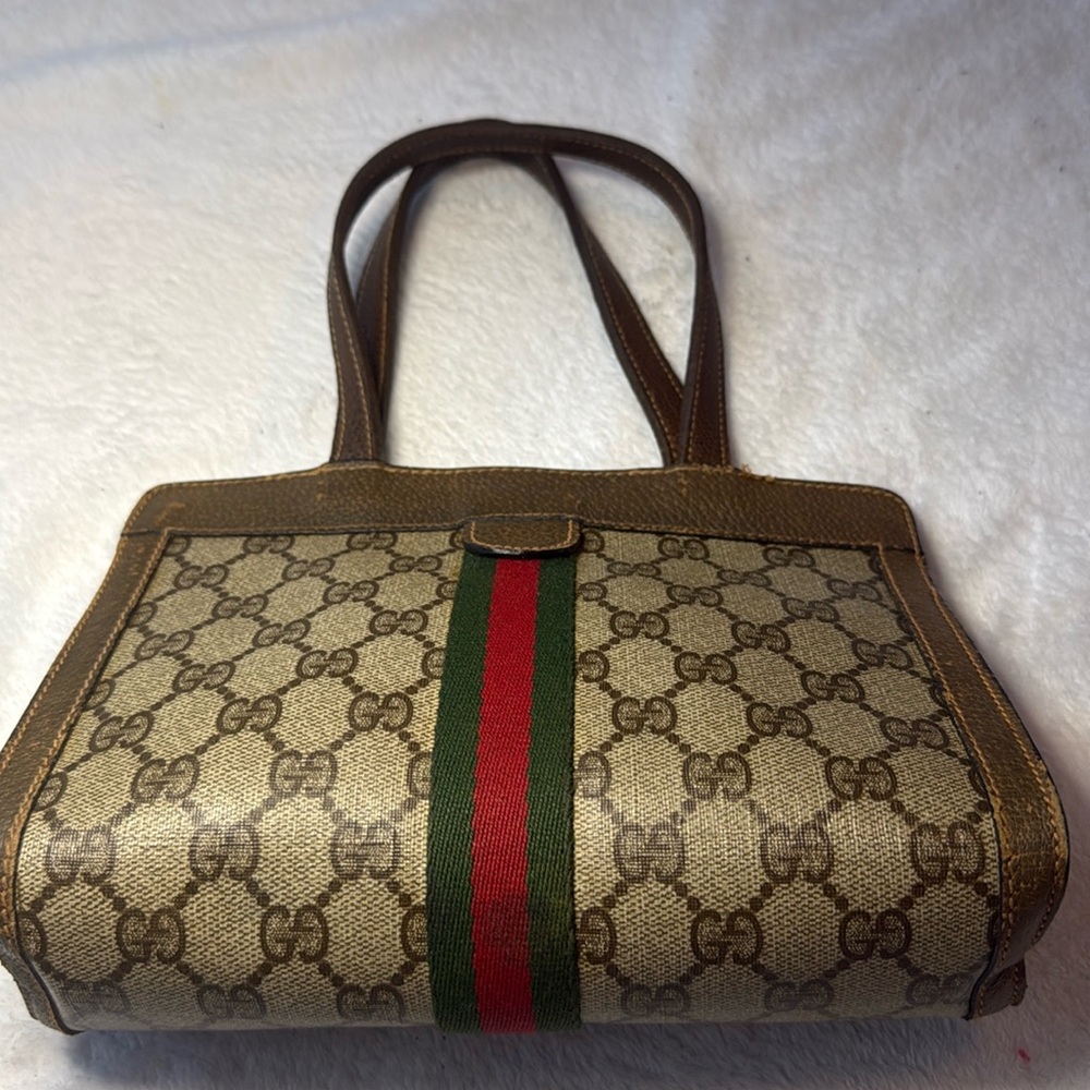 Gucci Beige/Tan Monogram Tote with Red and Green Stripe